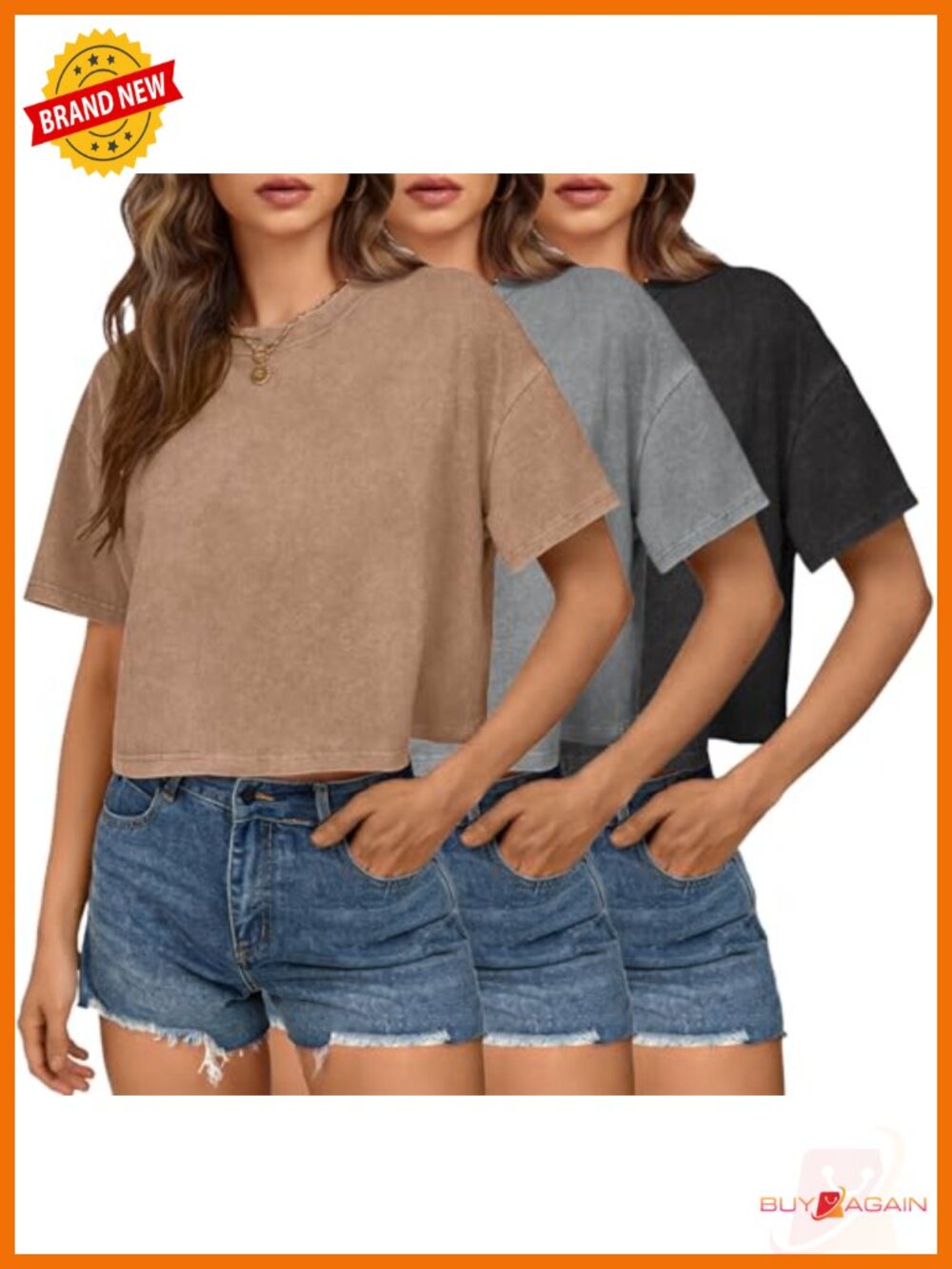Acid Wash Cropped Short Sleeve T-Shirt Cotton Tee Vintage Round Neck Loose Fit